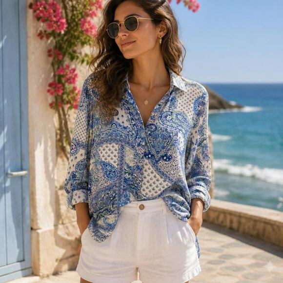 Maison D' Amelie Tops - Maison D Amelie Women XL Long Sleeve Button Up Blouse Blue Paisley Largenlook